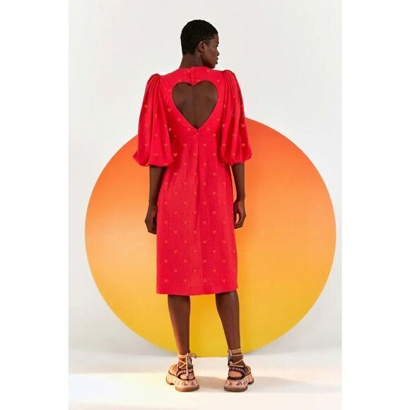 Farm Rio Red Heart Back Detailed Midi Dress 3D Hearts Heart Cut-Out L Large - Picture 2 of 9